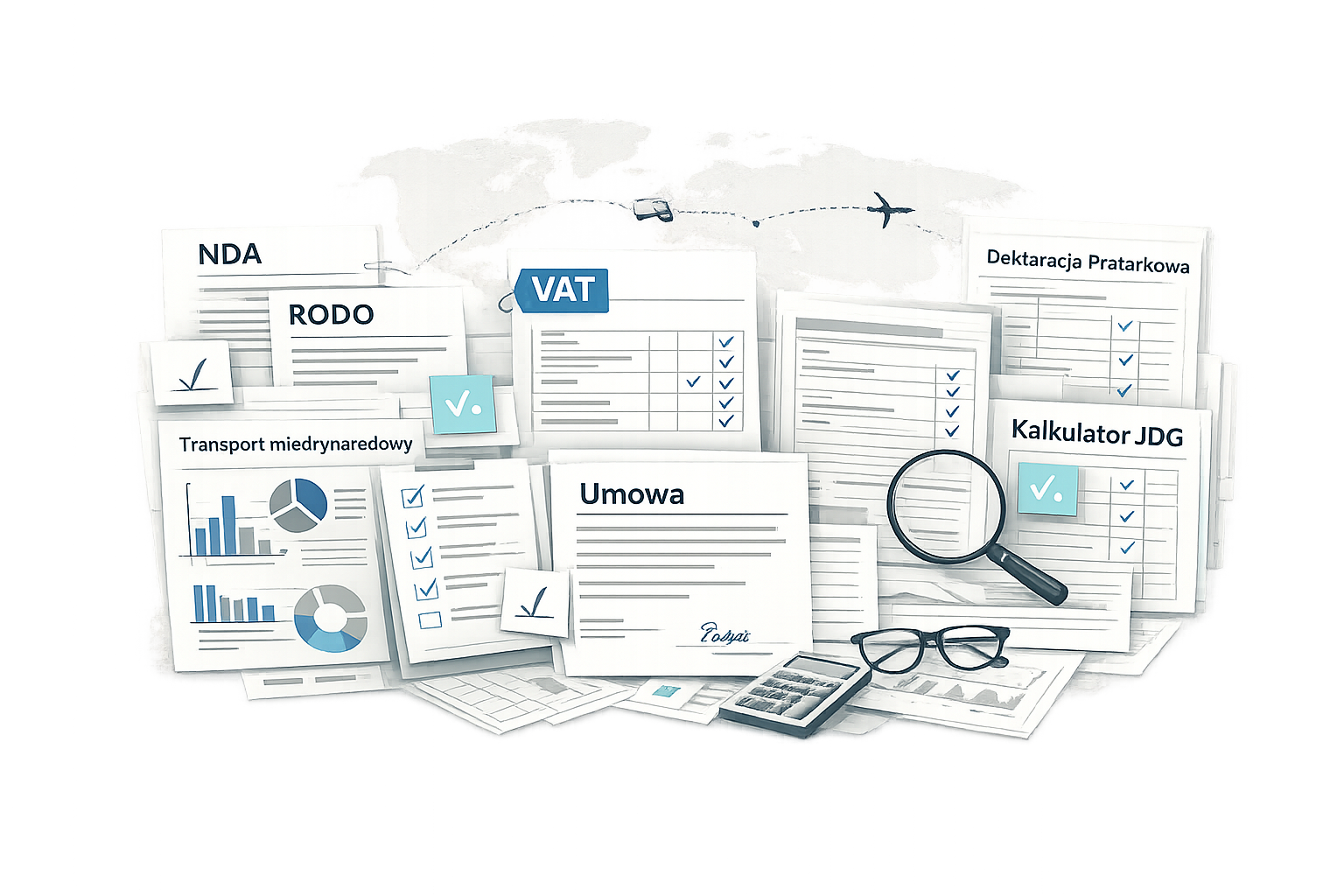 Ilustracja dokumentów i narzędzi do pracy nad podatkami, prawem i dokumentami