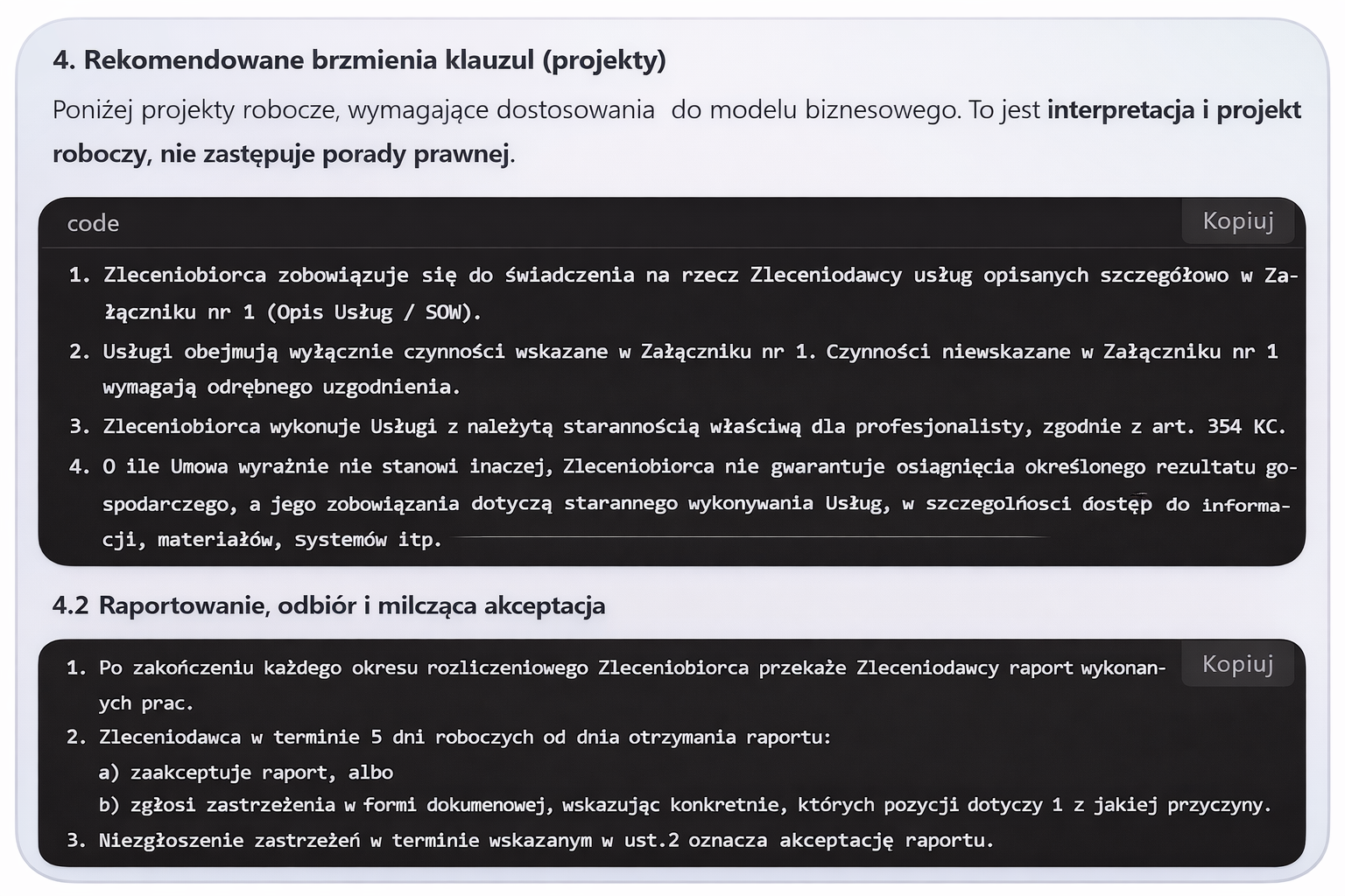 Wynik analizy umowy w YTAcore z projektami rekomendowanych klauzul i komentarzem roboczym