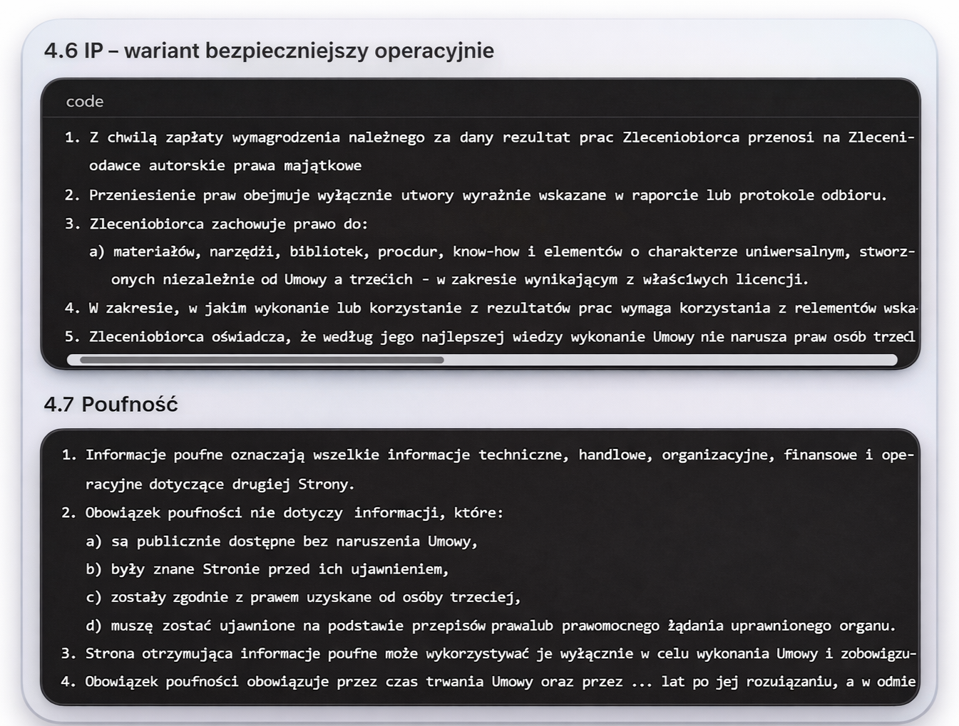 Wynik analizy umowy w YTAcore z rekomendowanymi brzmieniami klauzul i przyciskami kopiowania
